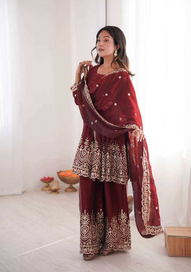 Maroon Embroidery Silk Palazzo Set - Indya