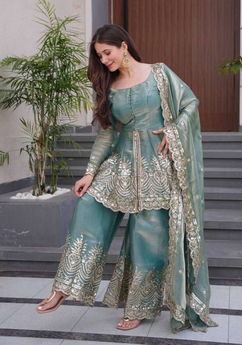 Sky Blue Embroidery Silk Palazzo Set - Indya