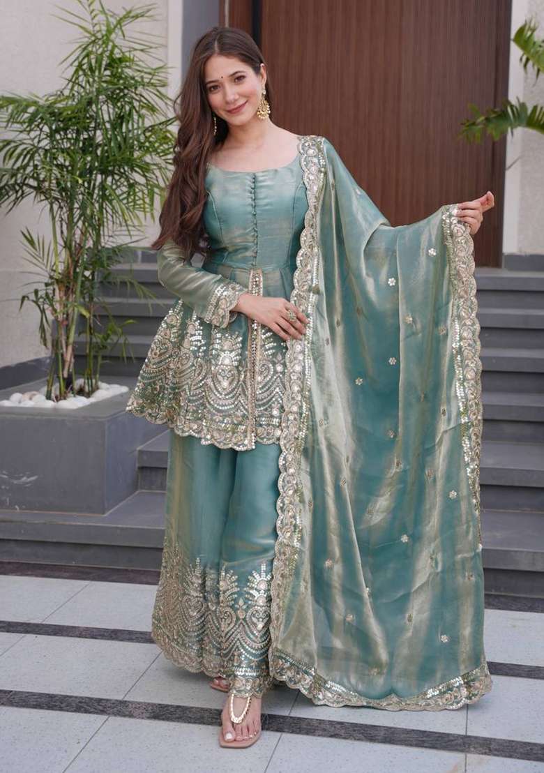 Sky Blue Embroidery Silk Palazzo Set - Indya