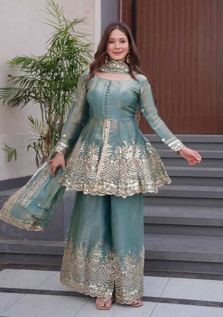 Sky Blue Embroidery Silk Palazzo Set - Indya