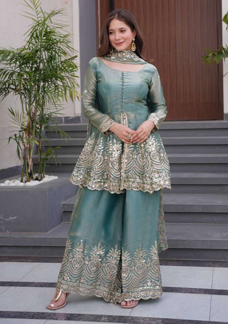 Sky Blue Embroidery Silk Palazzo Set - Indya