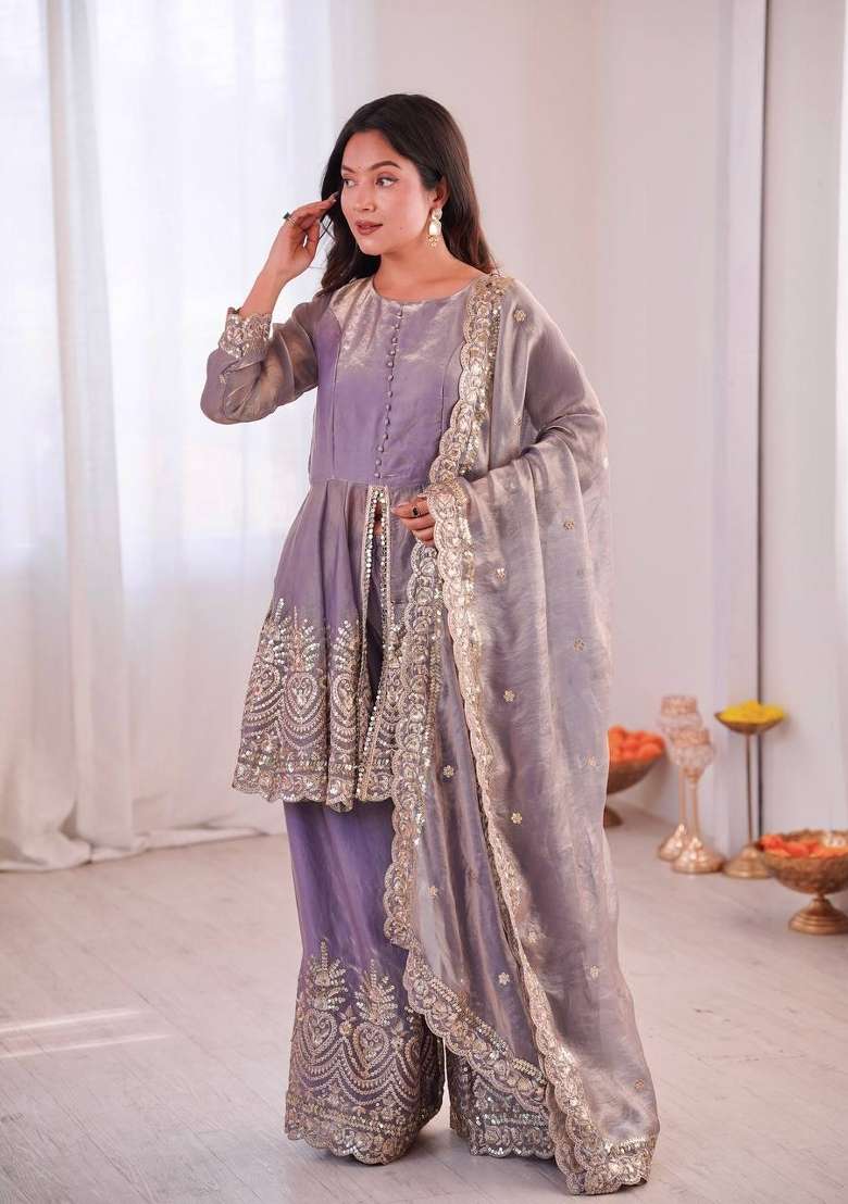 Lavender Embroidery Silk Palazzo Set - Indya