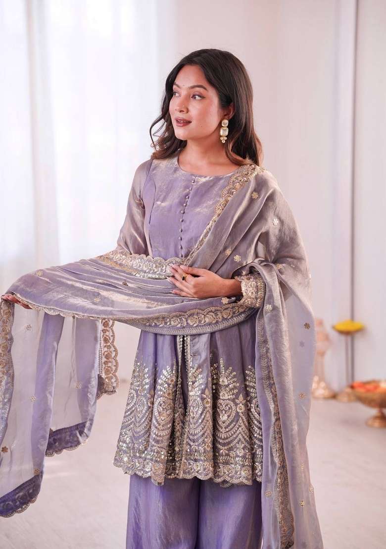 Lavender Embroidery Silk Palazzo Set - Indya
