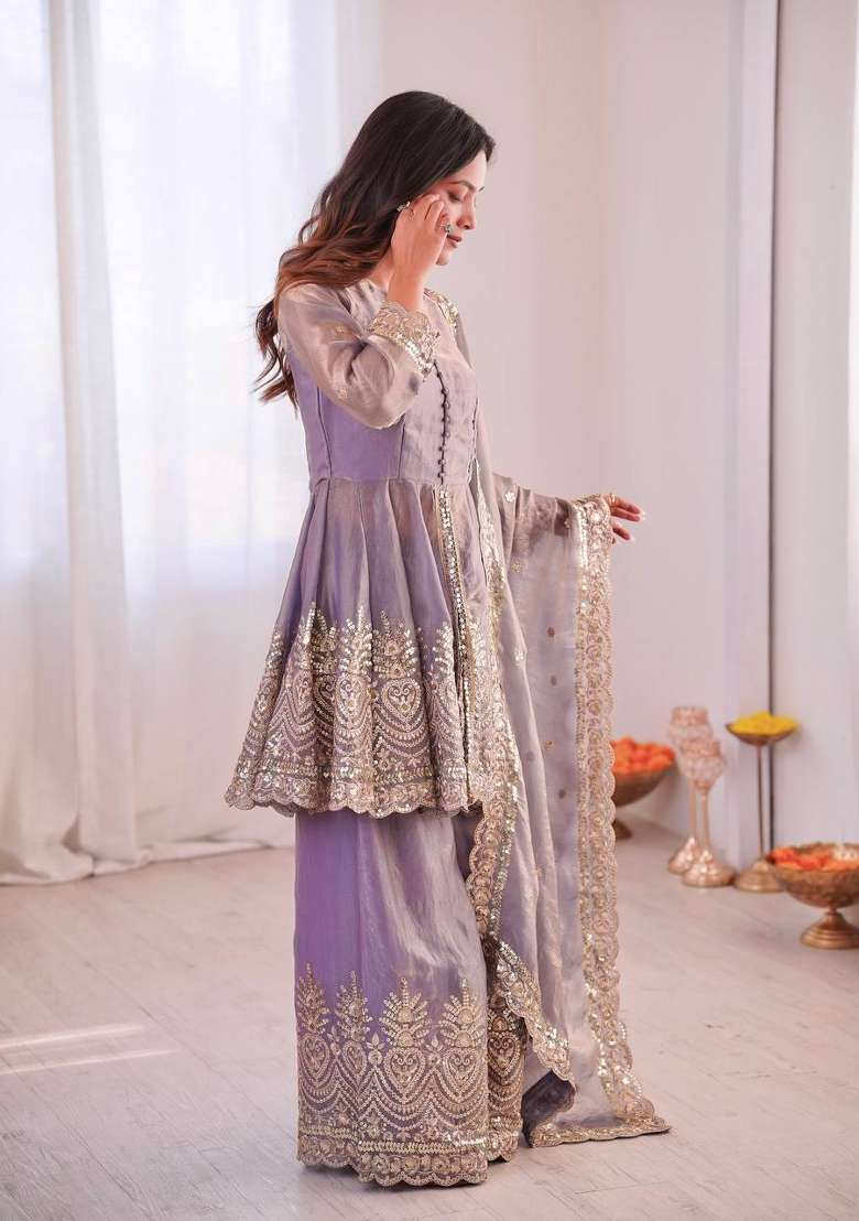 Lavender Embroidery Silk Palazzo Set - Indya
