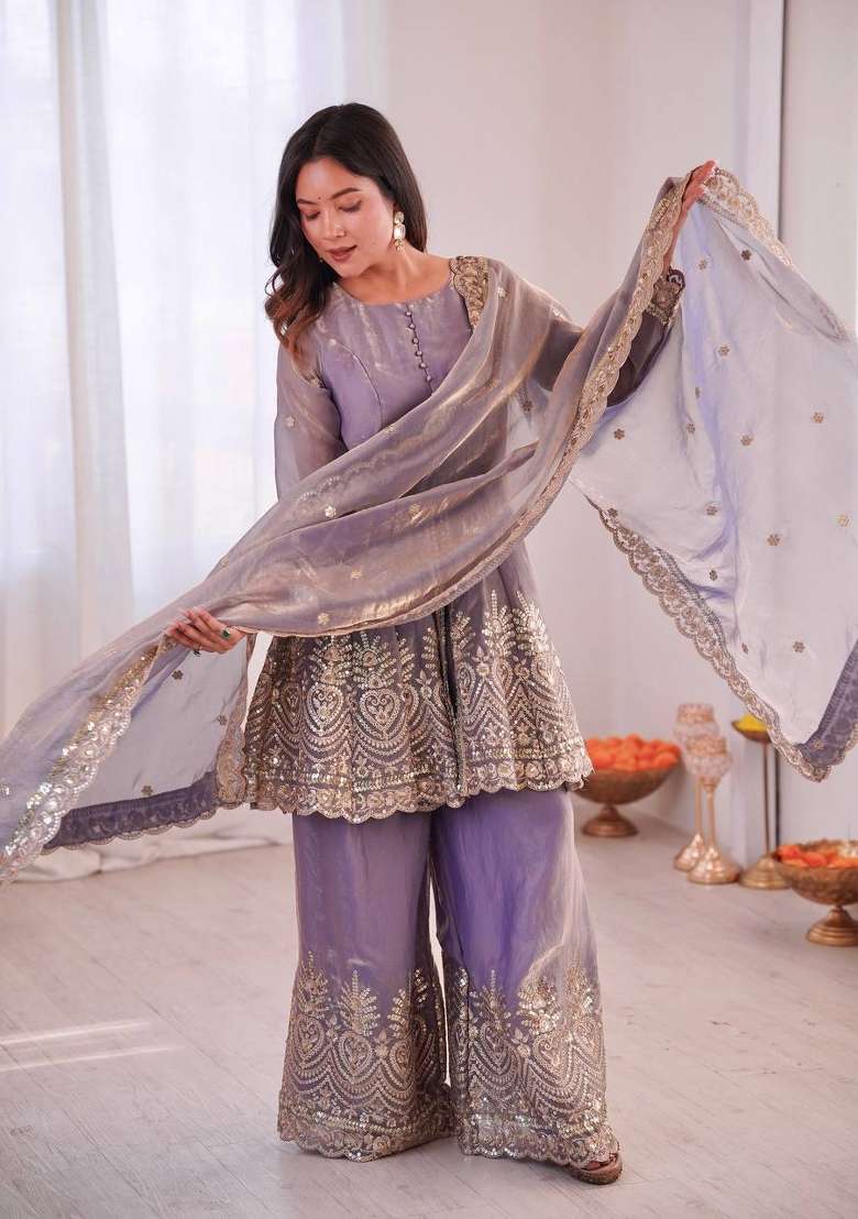 Lavender Embroidery Silk Palazzo Set - Indya