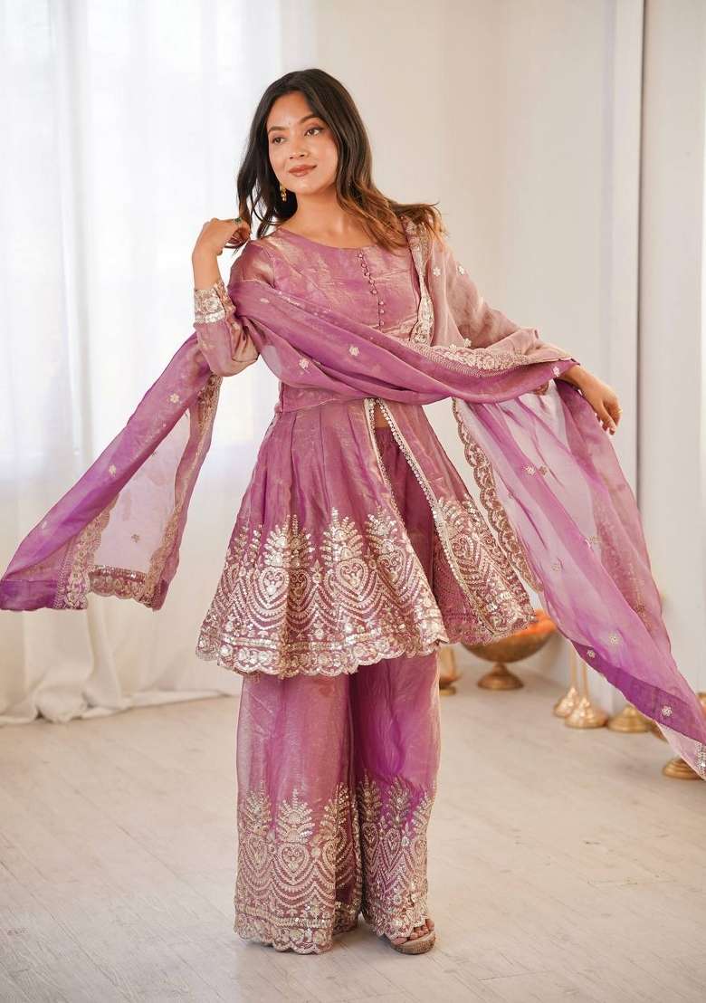 Pink Embroidery Silk Palazzo Set - Indya