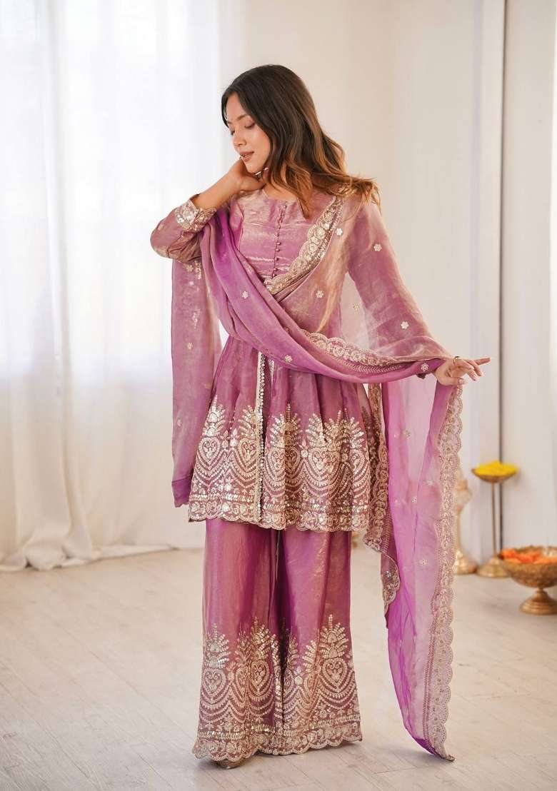 Pink Embroidery Silk Palazzo Set - Indya
