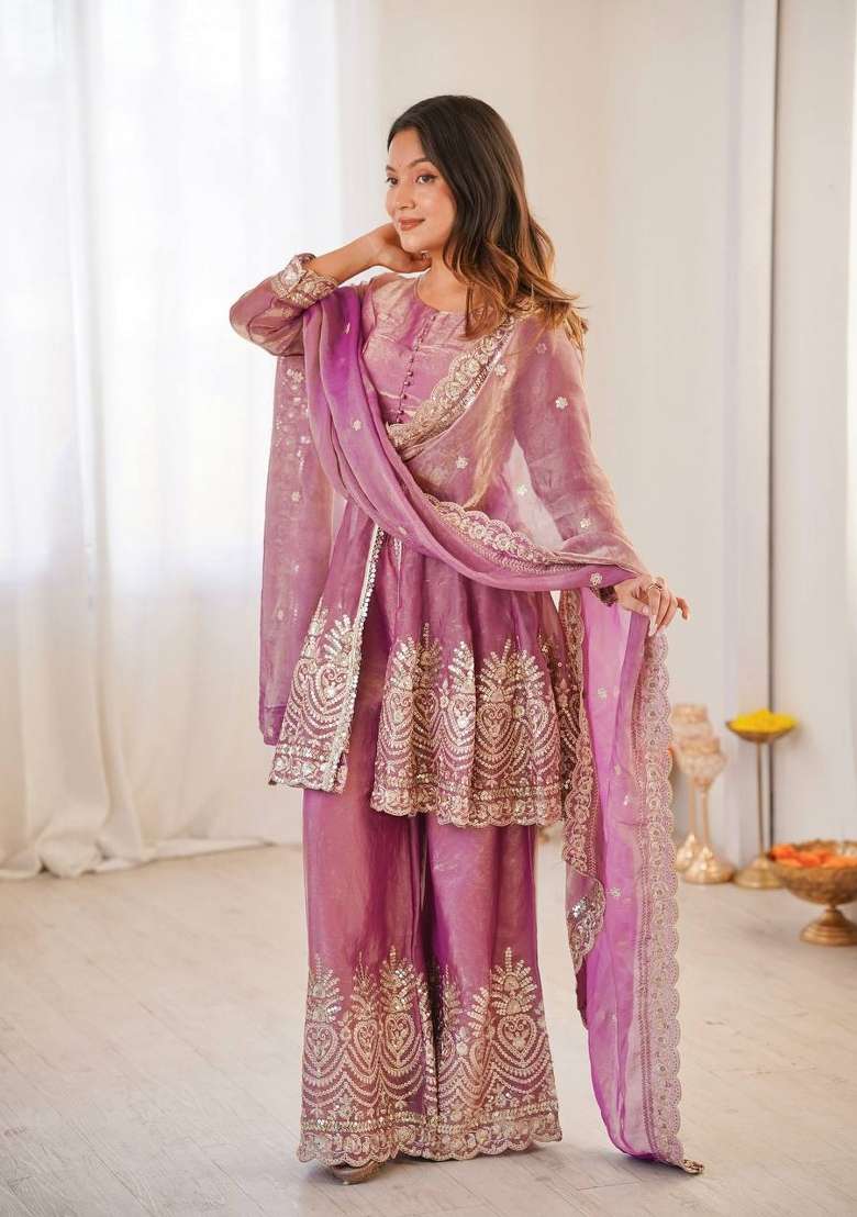 Pink Embroidery Silk Palazzo Set - Indya