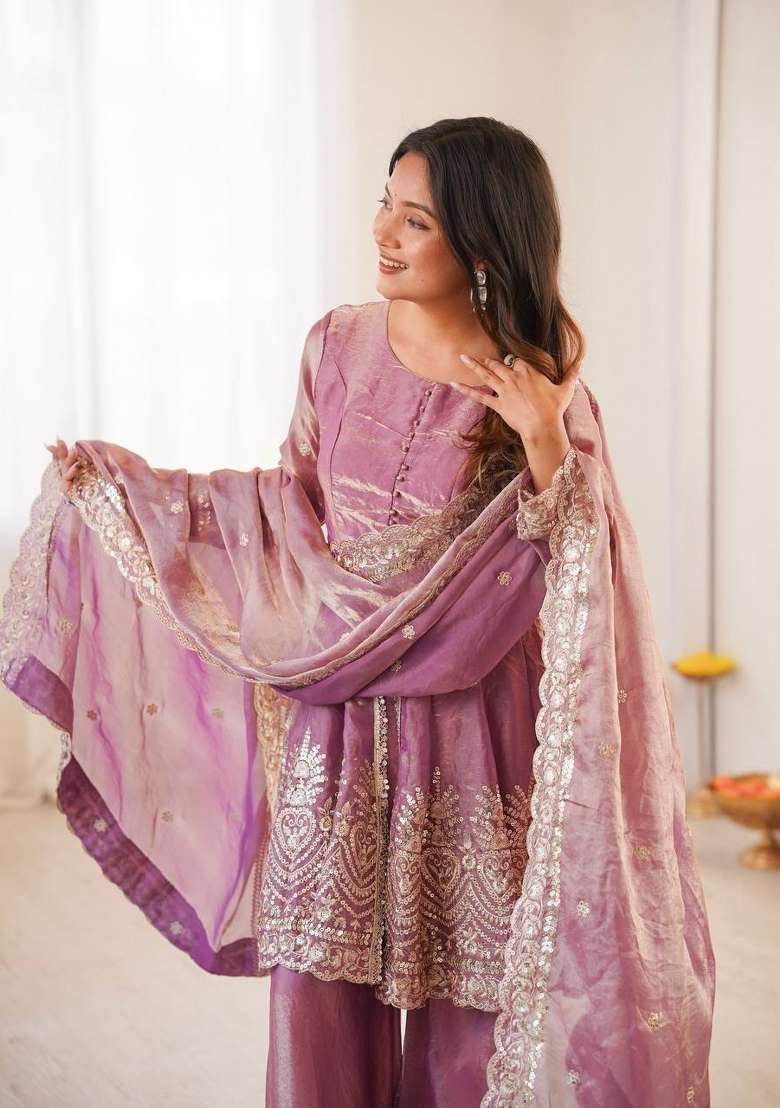 Pink Embroidery Silk Palazzo Set - Indya