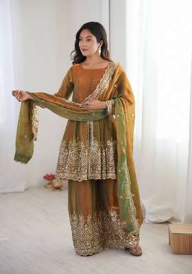 Olive Green Embroidery Silk Palazzo Set
