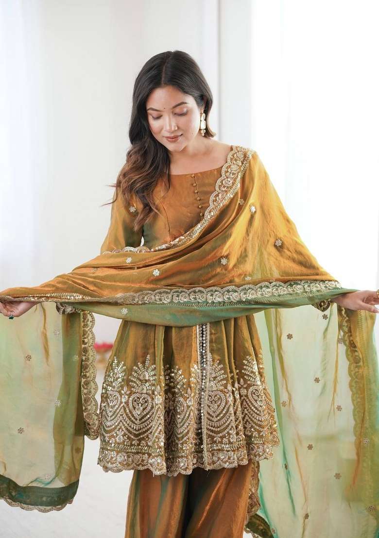 Olive Green Embroidery Silk Palazzo Set - Indya