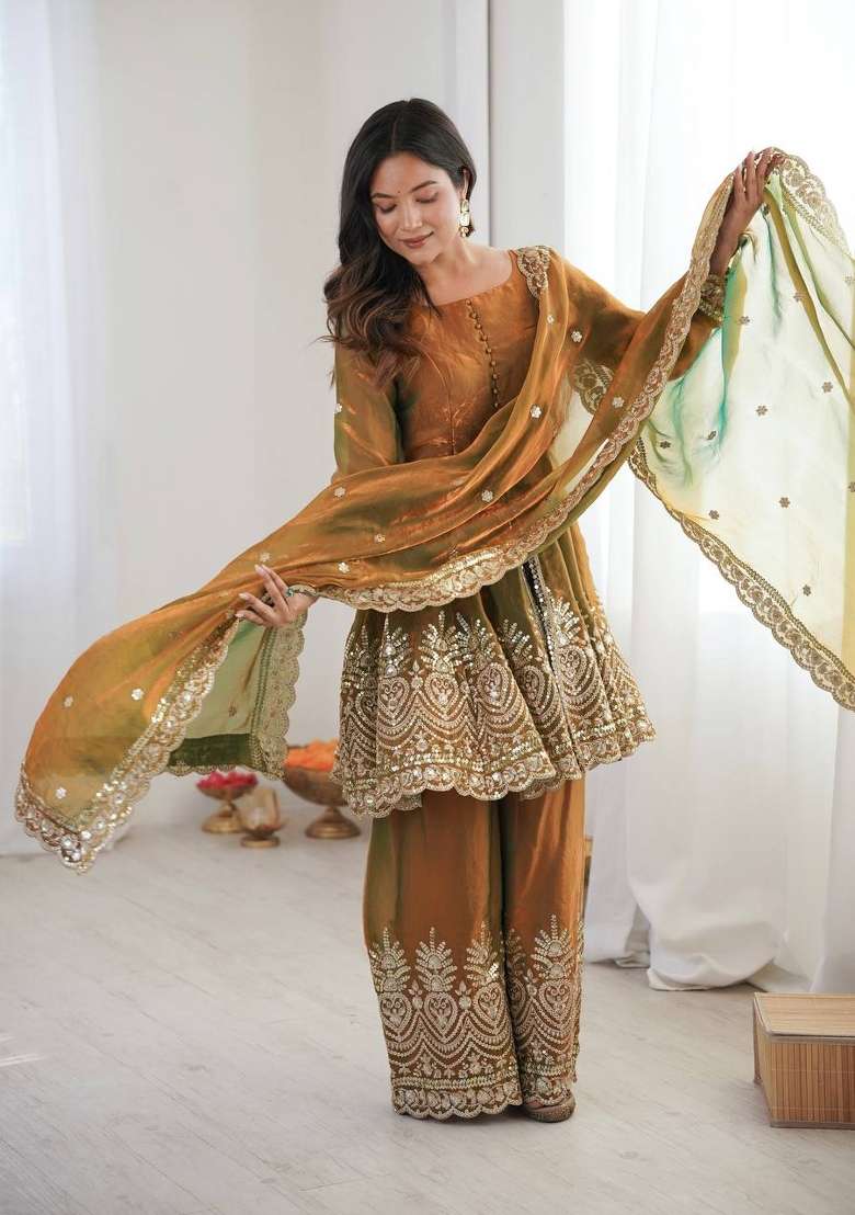 Olive Green Embroidery Silk Palazzo Set - Indya