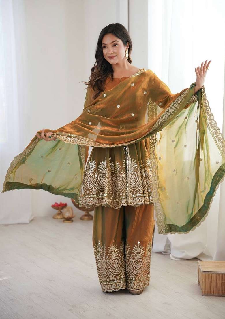 Olive Green Embroidery Silk Palazzo Set - Indya