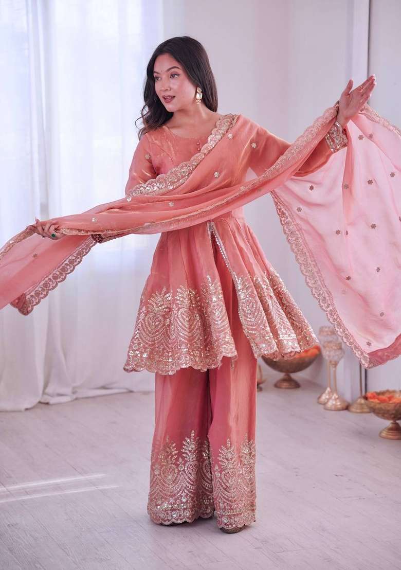 Peach Embroidery Silk Palazzo Set - Indya