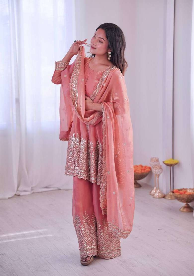 Peach Embroidery Silk Palazzo Set - Indya