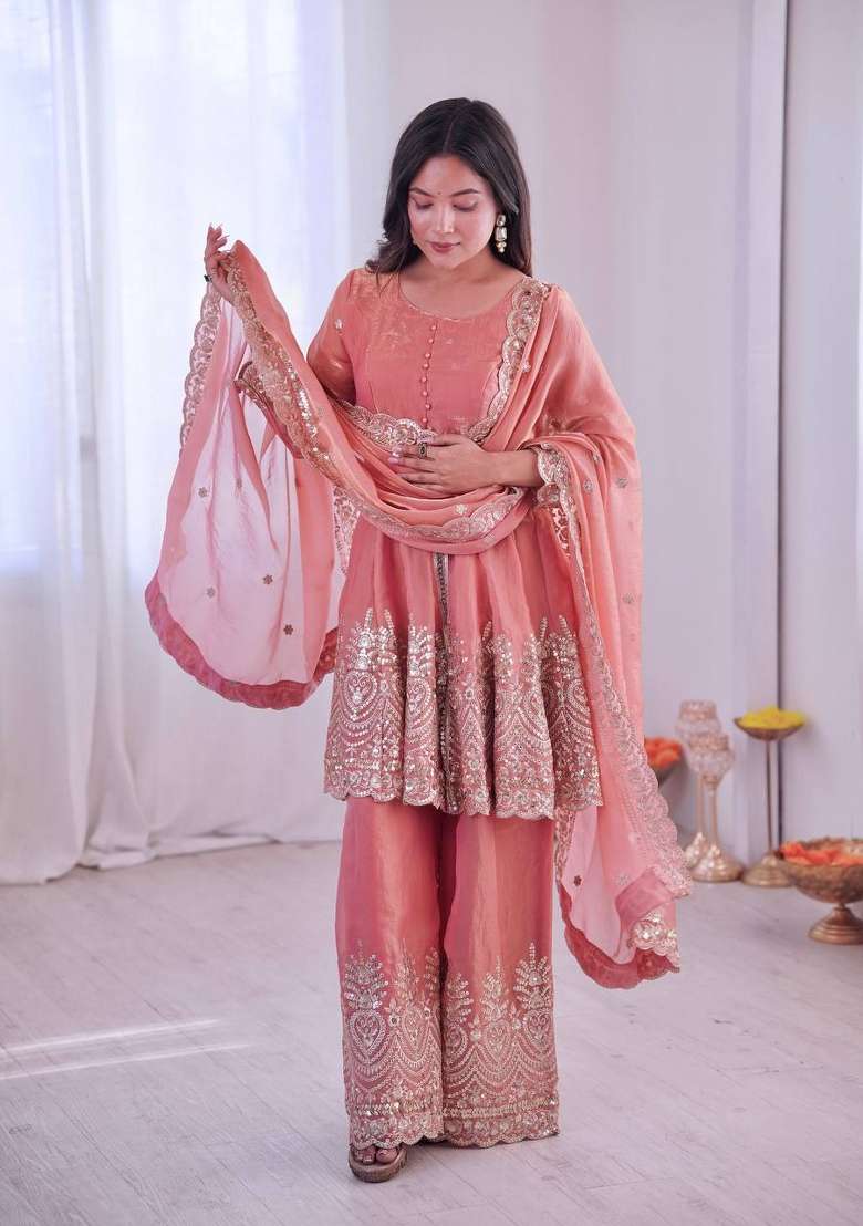 Peach Embroidery Silk Palazzo Set - Indya