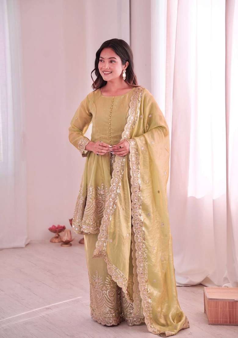 Pista Embroidery Silk Palazzo Set - Indya