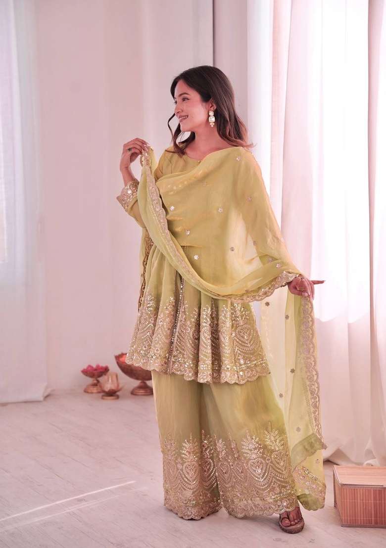 Pista Embroidery Silk Palazzo Set - Indya
