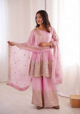 Baby Pink Embroidery Silk Palazzo Set