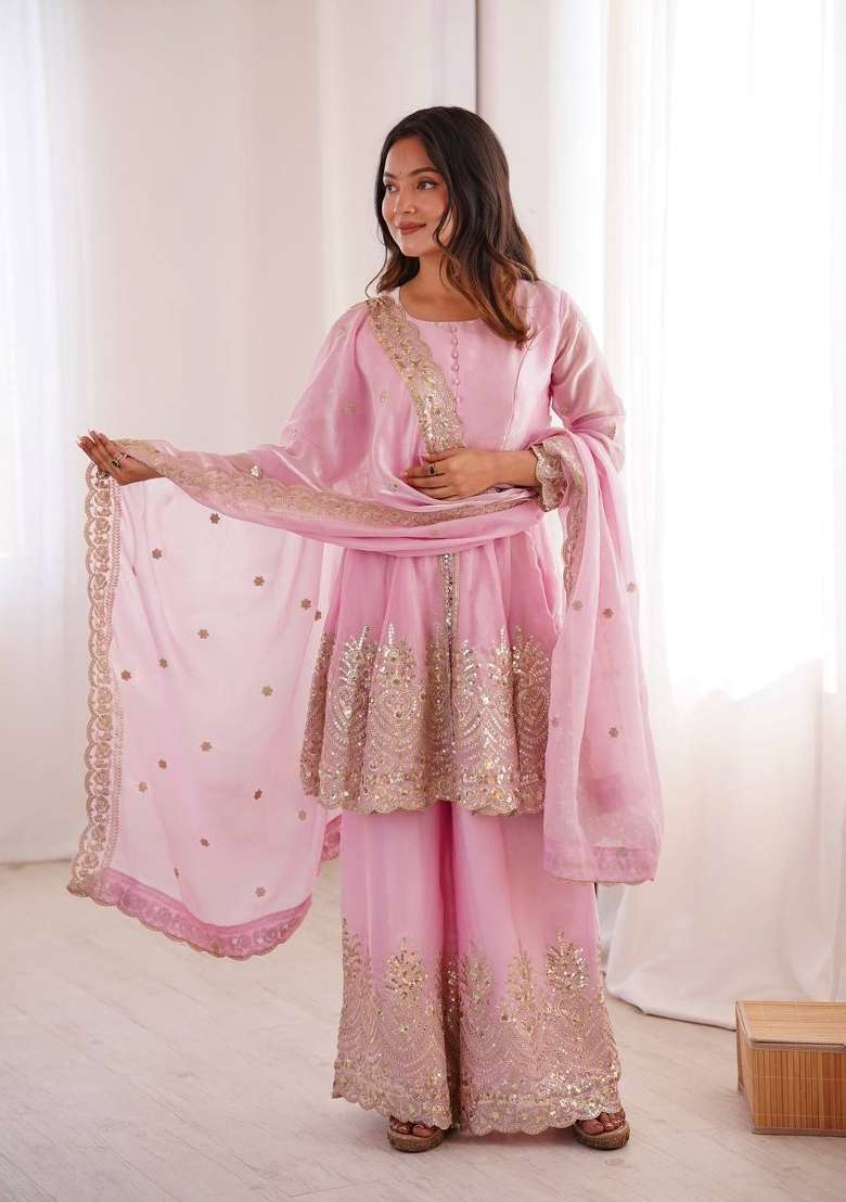 Baby Pink Embroidery Silk Palazzo Set - Indya