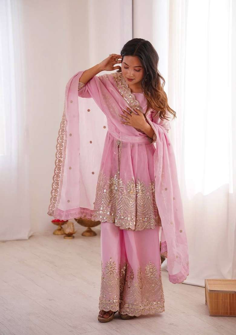 Baby Pink Embroidery Silk Palazzo Set - Indya