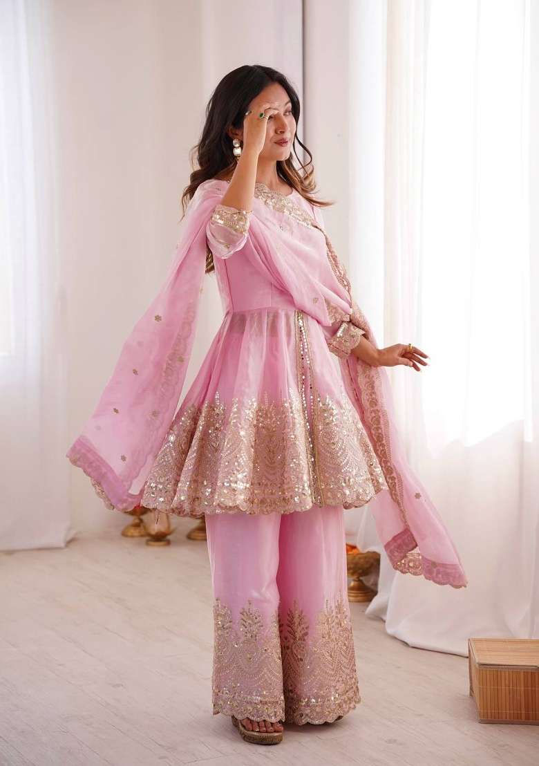 Baby Pink Embroidery Silk Palazzo Set - Indya