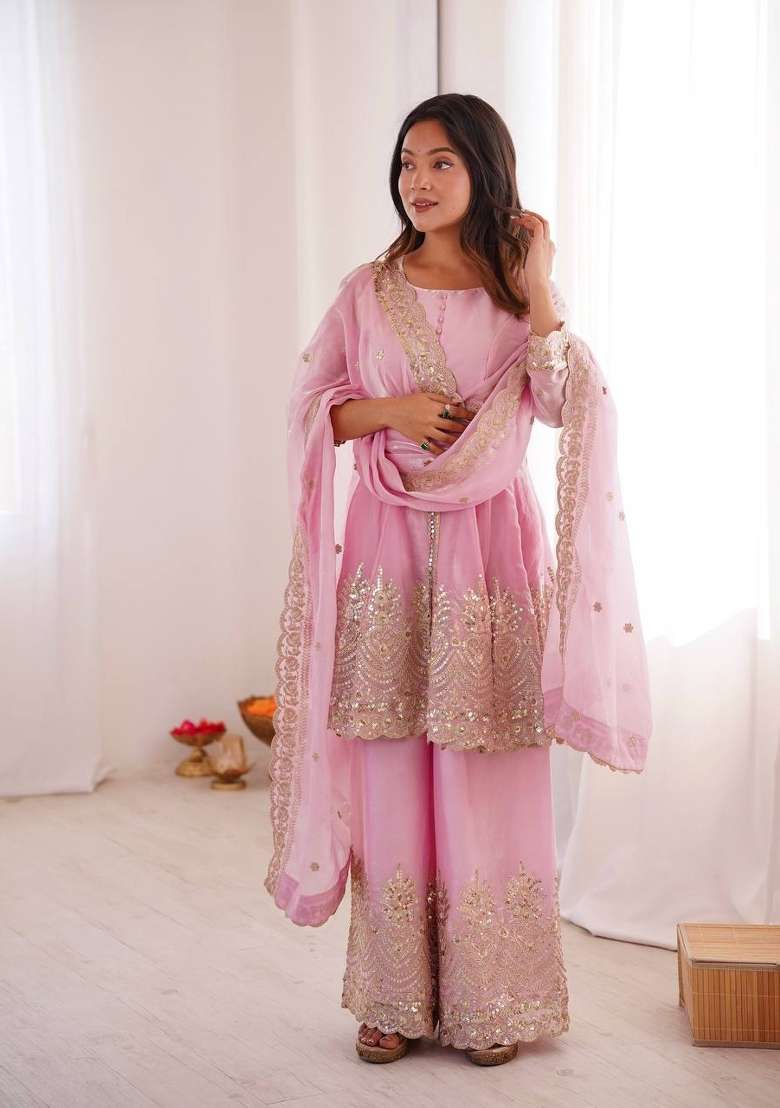 Baby Pink Embroidery Silk Palazzo Set - Indya