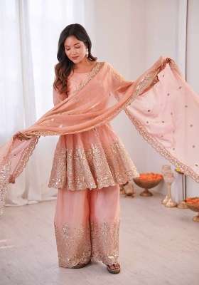 Dusty Pink Embroidery Silk Palazzo Set