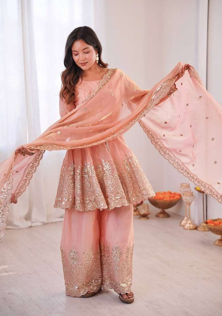 Dusty Pink Embroidery Silk Palazzo Set - Indya
