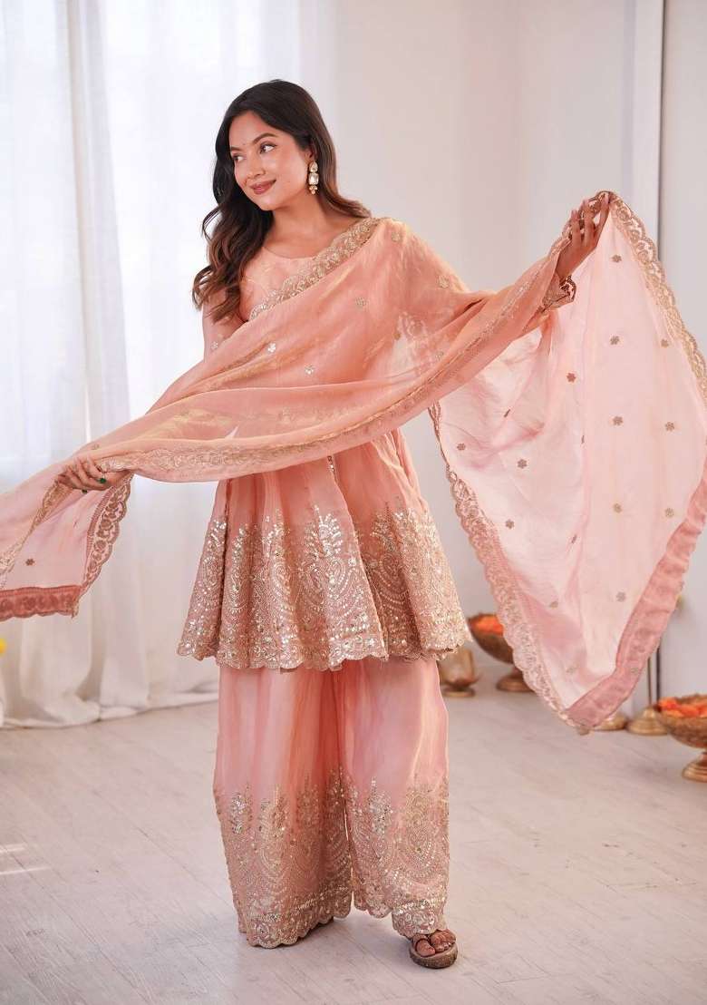 Dusty Pink Embroidery Silk Palazzo Set - Indya