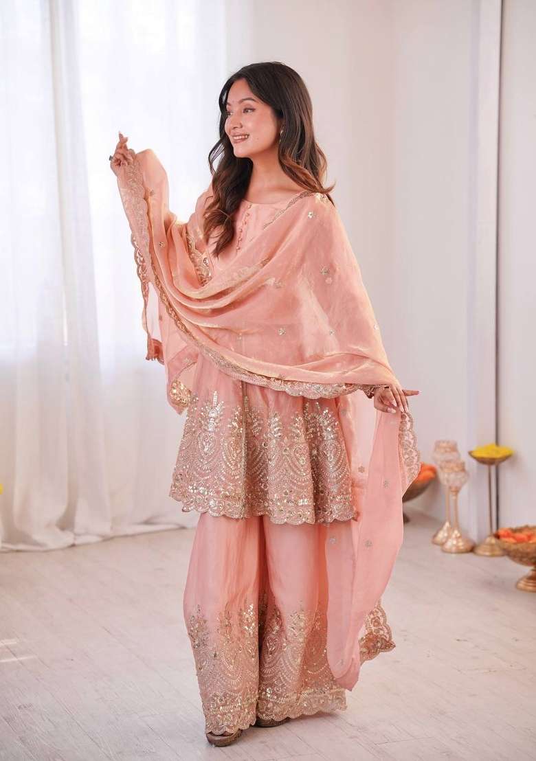 Dusty Pink Embroidery Silk Palazzo Set - Indya