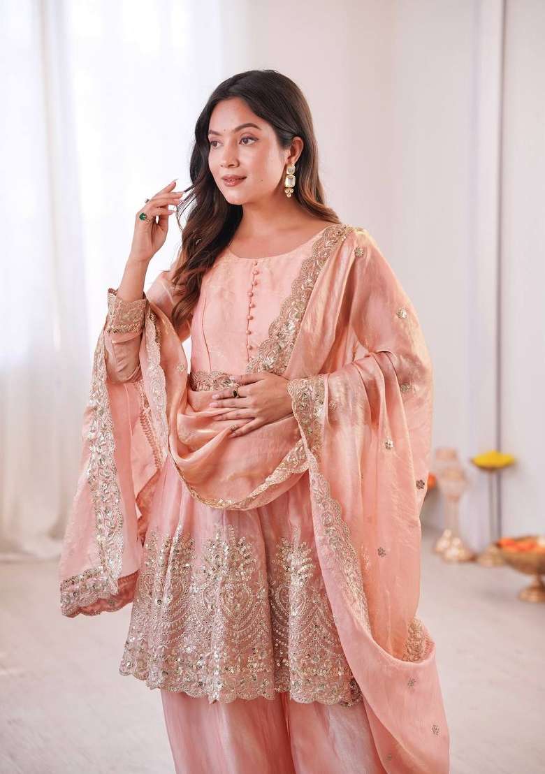 Dusty Pink Embroidery Silk Palazzo Set - Indya