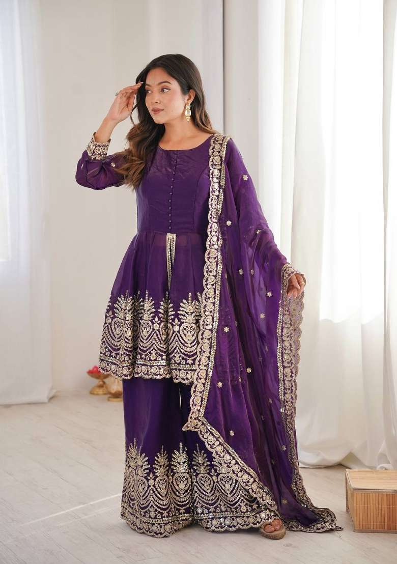 Purple Embroidery Silk Palazzo Set - Indya