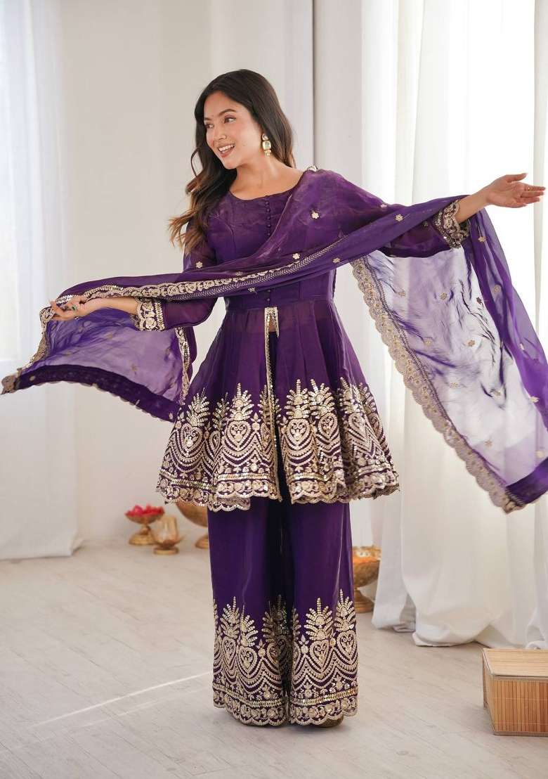 Purple Embroidery Silk Palazzo Set - Indya