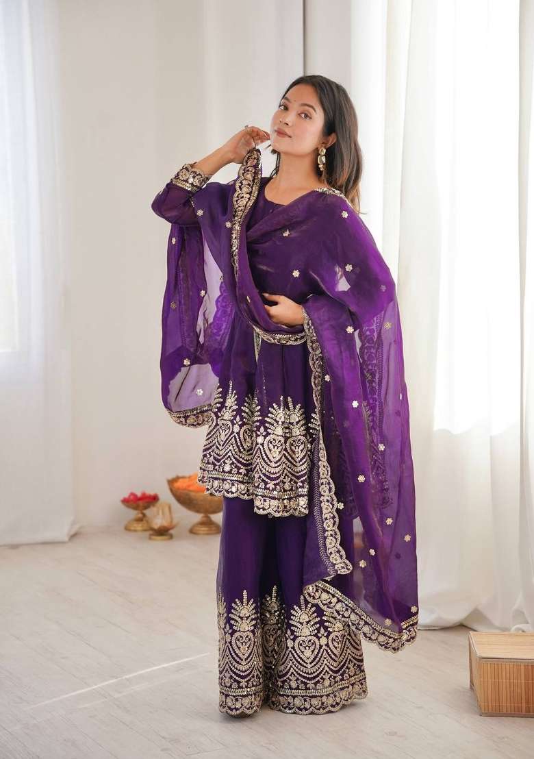 Purple Embroidery Silk Palazzo Set - Indya
