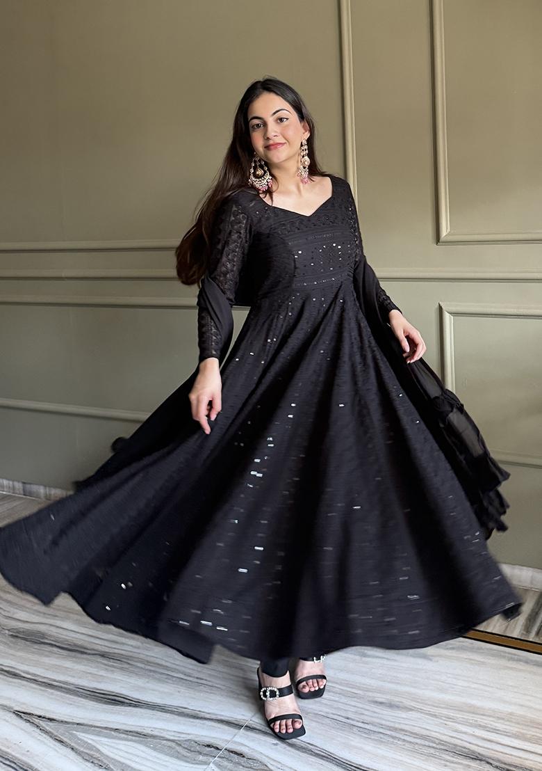 Black Embroidery Georgette Anarkali Set - Indya