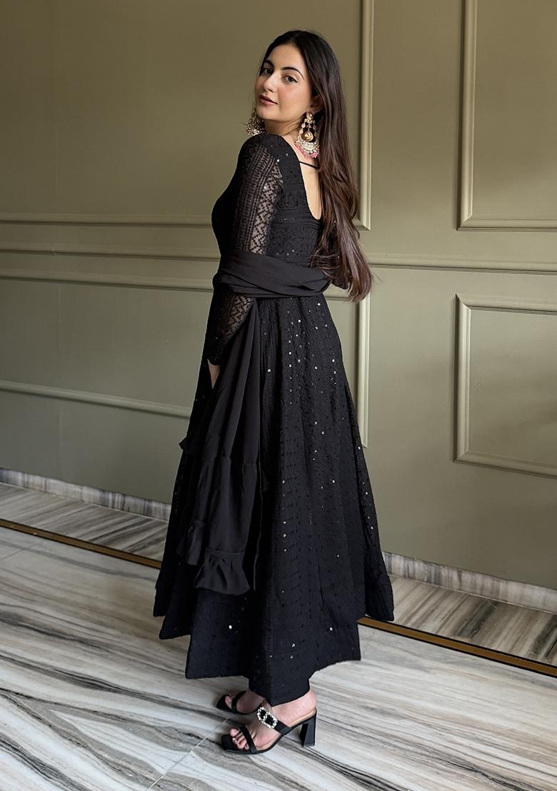Black Embroidery Georgette Anarkali Set - Indya