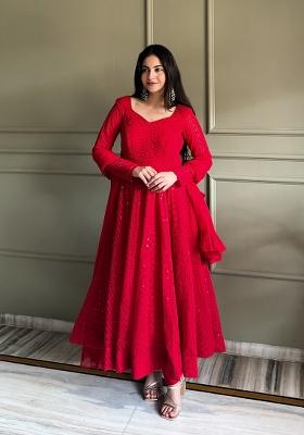 Red Embroidery Georgette Anarkali Set