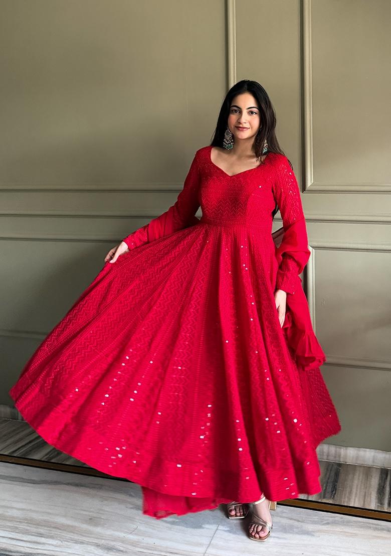 Red Embroidery Georgette Anarkali Set - Indya