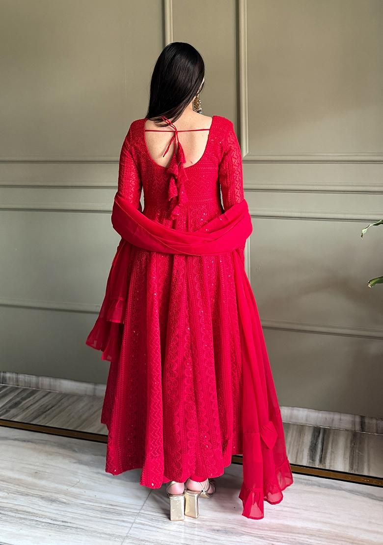 Red Embroidery Georgette Anarkali Set - Indya
