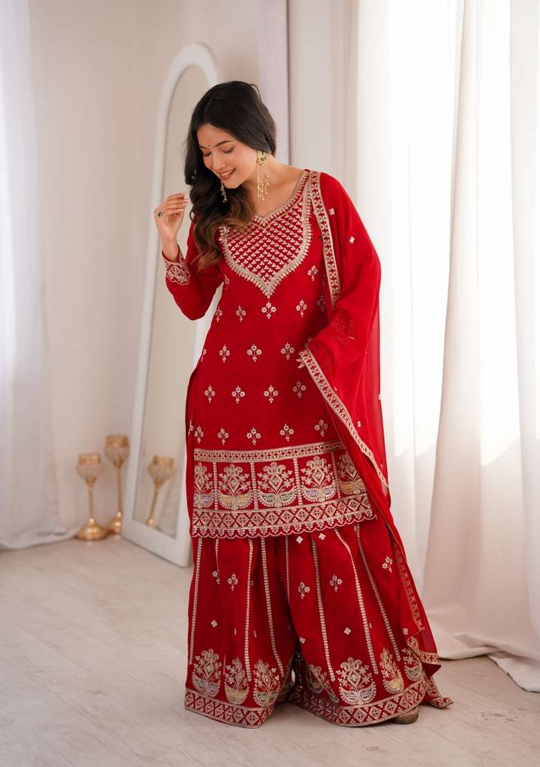 Red Embroidery Georgette Sharara Set - Indya