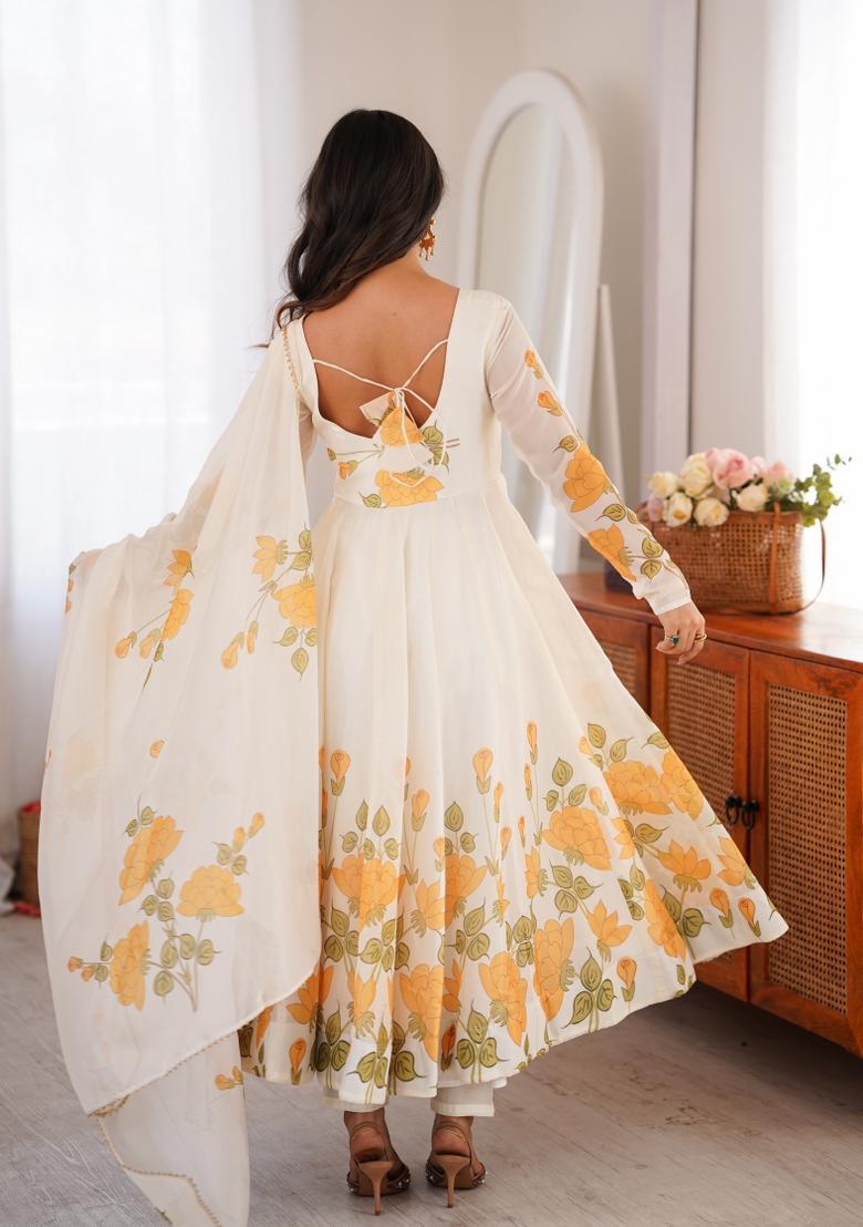 Yellow Printed Silk Anarkali Set - Indya