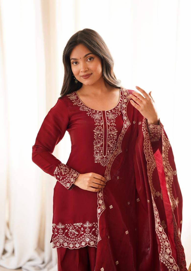 Maroon Embroidery Silk Kurta Set - Indya