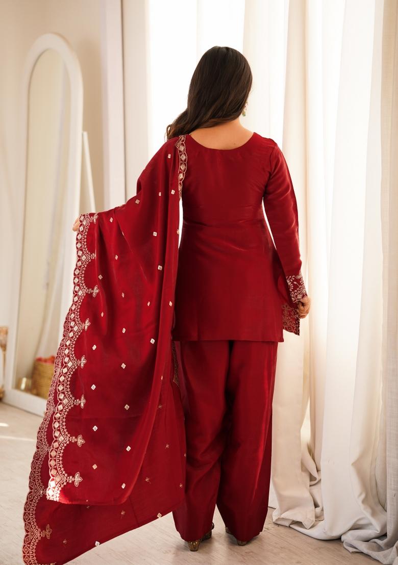 Maroon Embroidery Silk Kurta Set - Indya