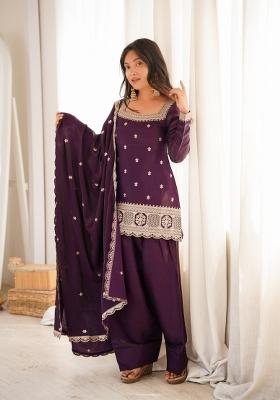 Wine Embroidery Silk Kurta Set