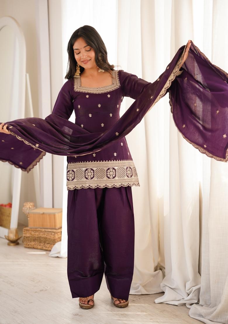 Wine Embroidery Silk Kurta Set - Indya