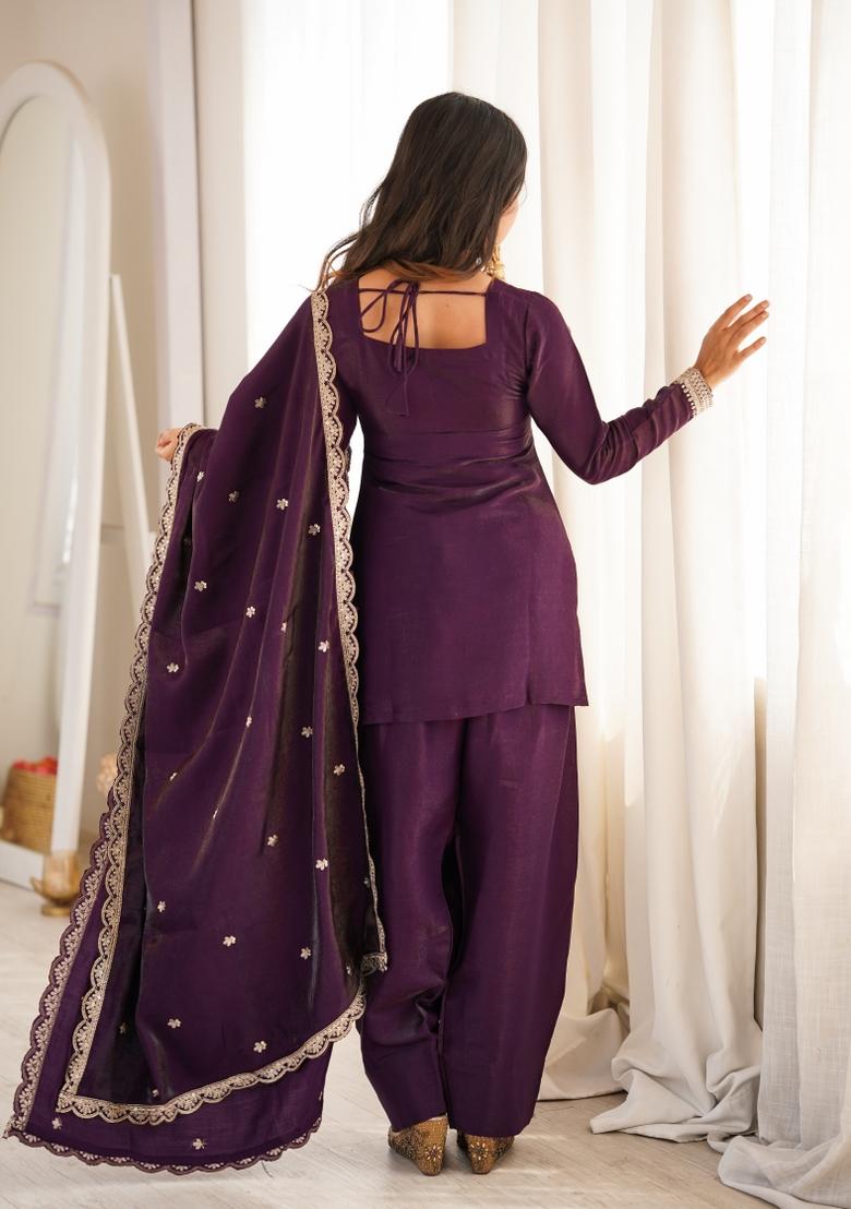 Wine Embroidery Silk Kurta Set - Indya