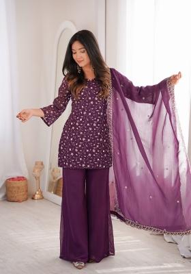 Wine Embroidery Silk Kurta Set