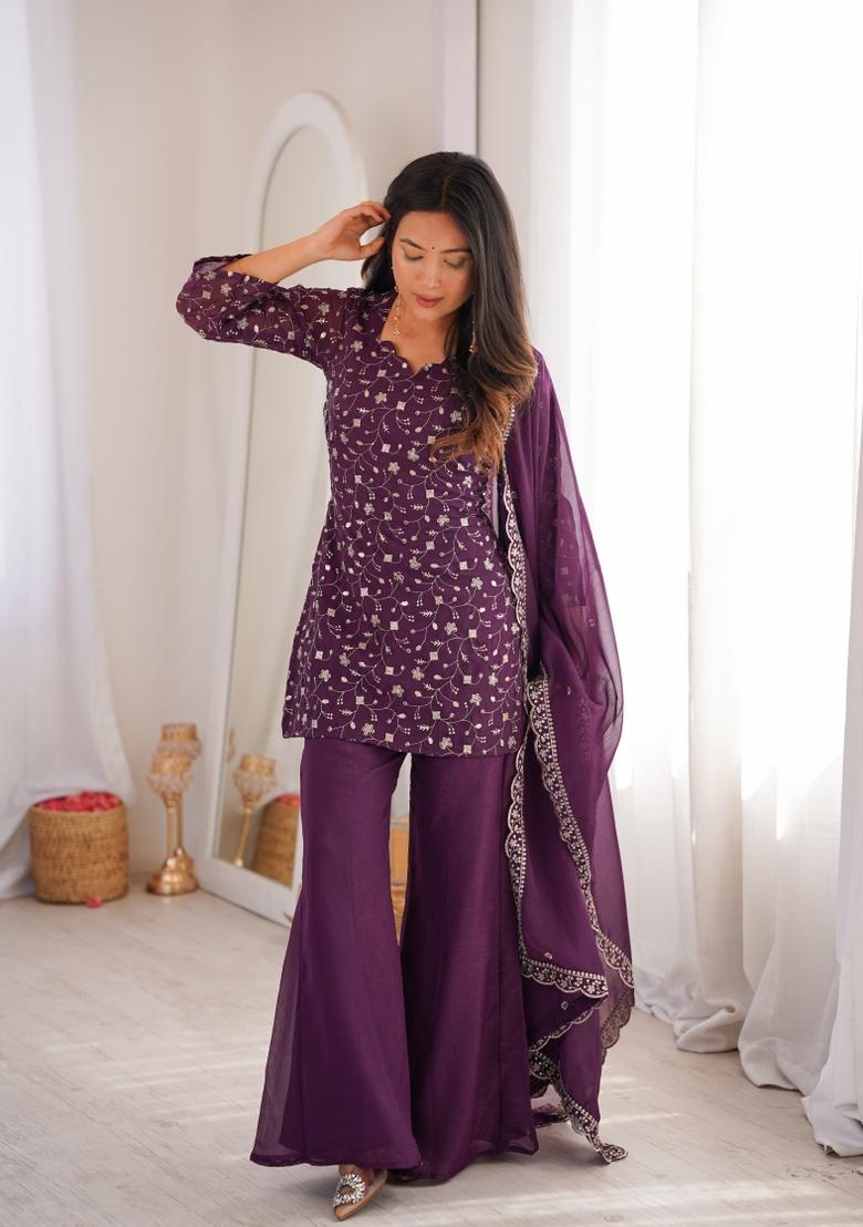 Wine Embroidery Silk Kurta Set - Indya