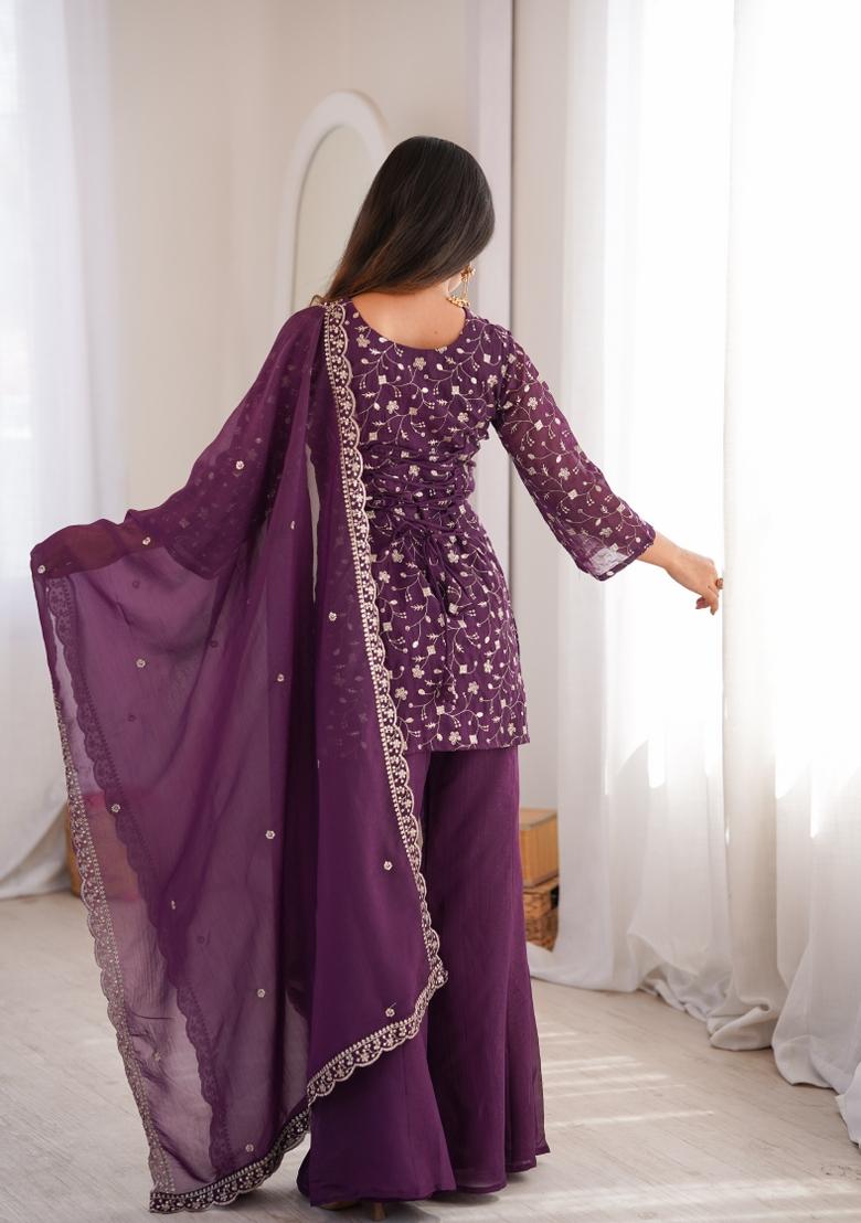 Wine Embroidery Silk Kurta Set - Indya
